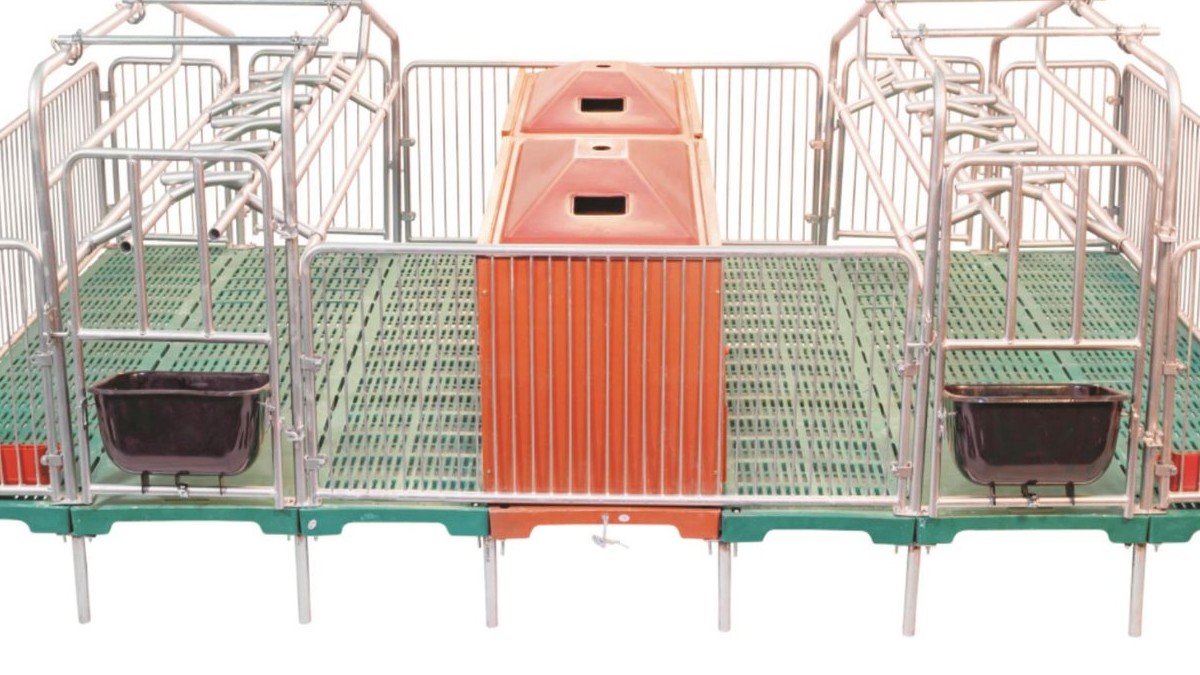 Two-crate farrowing module assembled on composite slats