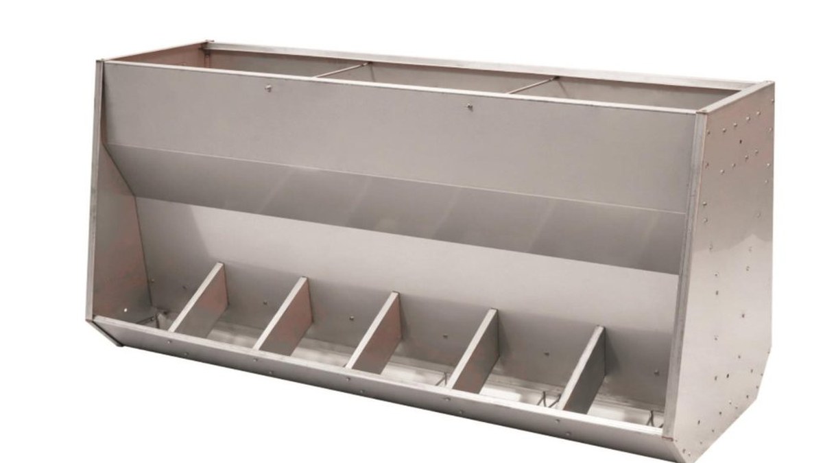 Stainless steel wet-dry feeder with a lift-off trough and open bracket